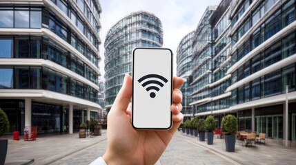Hand holding smartphone displaying WiFi symbol in modern urban setting with glass buildings in background showing connectivity and technology
