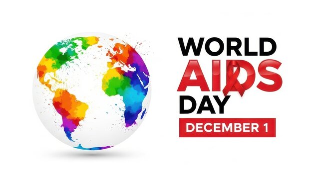 World aids day graphic featuring a colorful watercolor globe next to bold text announcing world aids day december 1, isolated on white background - Powered by Adobe