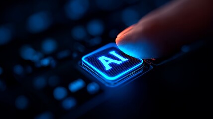 Close-up of a finger pressing an illuminated AI button on a modern keyboard, representing the fusion of technology and human interaction in digital transformations.