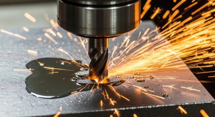 Metalworking precision: Close-up of a CNC milling machine cutting metal with sparks flying