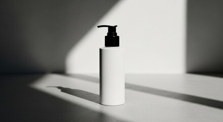 Minimalist Product Shot of White Lotion Bottle with Black Pump Under Sunlight Effects
