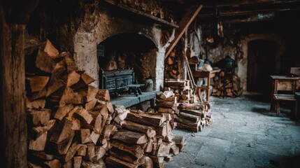 Fototapeta premium Cozy interior of a rustic cabin with stacked firewood near a warm hearth during evening hours