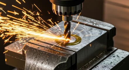 Precision machining operation: A drill boring a hole into a metal block creating sparks during the