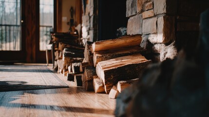 Logs stacked near a fireplace in a cozy living room with warm sunlight streaming through the windows