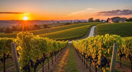 Scenic vineyard landscape at sunset showcasing rows of grapevines and rolling hills under a