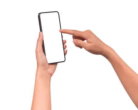 Hand using a smartphone isolated on transparent PNG.
