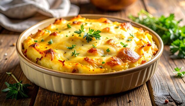 A fluffy and delicious baked mashed potato casserole, golden-brown crust with melted cheese cream and butter glistening on the surface, in a ceramic baking dish placed on a rustic wooden table. Close-