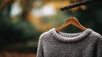 Cozy sweater hanging on a wooden branch in a serene autumn forest setting with colorful leaves in the background