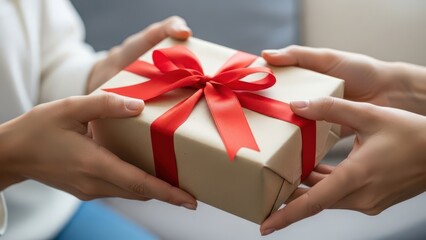 Closeup of two pairs of hands exchanging a beige gift box wrapped with a bright red ribbon and bow, symbolizing giving and receiving a present during a celebration or special occasion