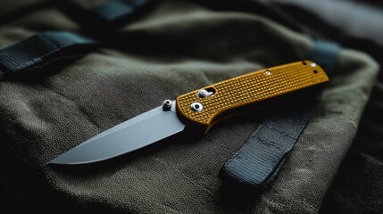 Sharp folding knife resting on tactical fabric in subdued lighting