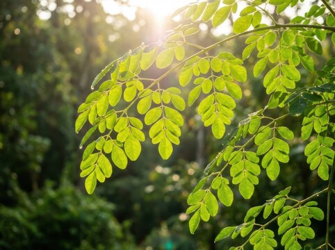 Bright green leaves on a tree branch illuminated by warm sunlight in a lush natural environment.