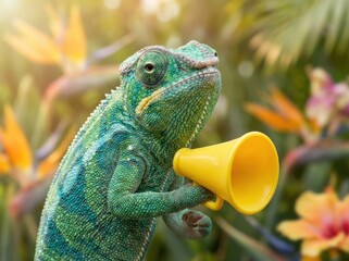 A green chameleon holding a yellow megaphone in a tropical setting with blurred flowers and sunlight.