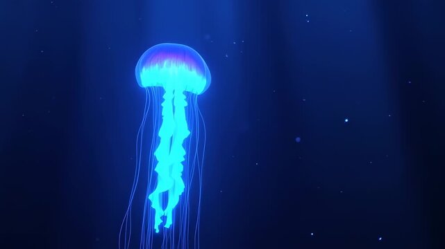 Glowing jellyfish gracefully drifts through the deep blue ocean current waters