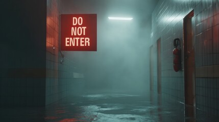 Obraz premium Dark corridor with fog and a warning sign against entering the area at a deserted building