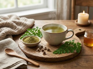 A warm cup of herbal tea with moringa leaves, powder, and honey on a wooden board.