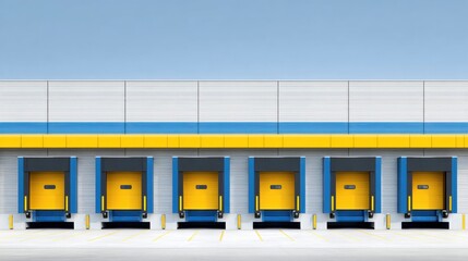 Warehouse loading area with bright yellow dock doors under clear blue sky