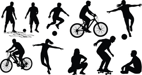 A diverse set of ten black vector silhouettes illustrating various recreational outdoor activities including cycling, skateboarding, jumping, and playing with balls, promoting healthy lifestyle