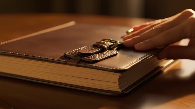 Hand Opens a Leather Journal on a Wooden Surface in Warm Light