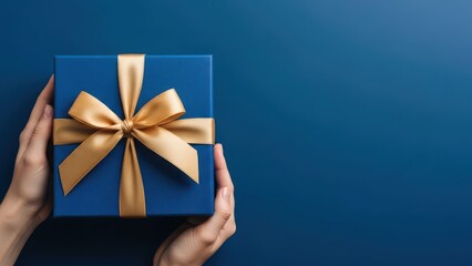 Top view of hands holding a richly textured deep blue gift box tied with a wide shimmering gold ribbon and bow, set against a solid dark blue background with ample copy space for text