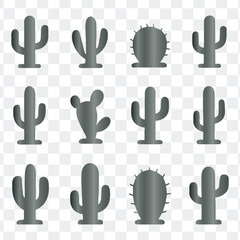 A collection of 12 stylized gray vector icons showcasing a variety of cactus and succulent plant silhouettes.