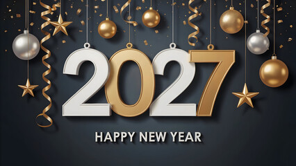 New Year 2027 celebration with golden and silver metallic numbers festive baubles and falling confetti