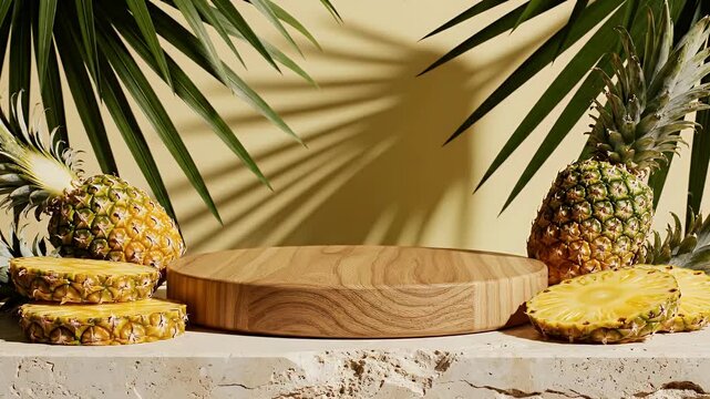 Tropical Mockup with Pineapples and Palm Fronds on a Wooden Platform