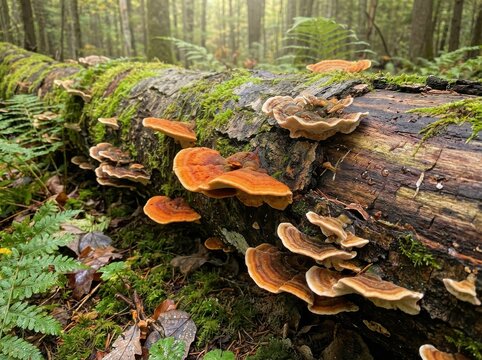 A close-up view of a fallen tree trunk covered in moss and bracket fungi, showcasing forest ecosystem.