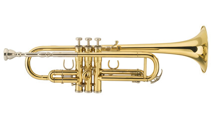 Obraz premium Shiny brass trumpet musical instrument with silver mouthpiece and three valves isolated on transparent background