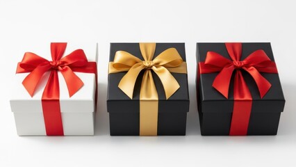 Three square gift boxes with satin ribbon bows, one white with red ribbon, two black with red and gold ribbon, isolated on white background