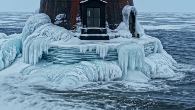 Waves Crashing Against Icy Lighthouse Base in Winter Weather