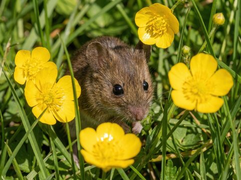 A close-up shot of a small brown mouse surrounded by vibrant yellow buttercup flowers in green grass.