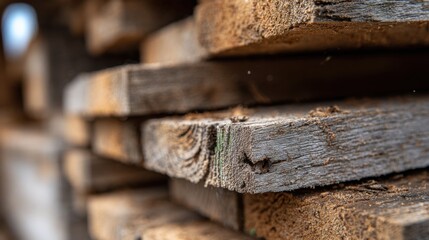 Stacked wooden planks showing texture and natural wear in a construction site setting during daylight hours
