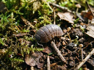Close-up shot of a pill bug, also known as a woodlouse, on the forest floor with moss.