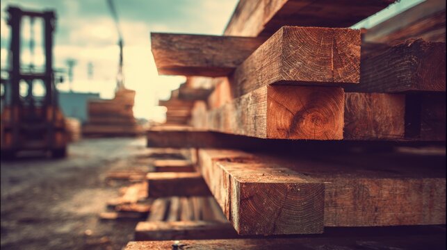 Stacked wooden planks at a construction site during sunset in early evening light
