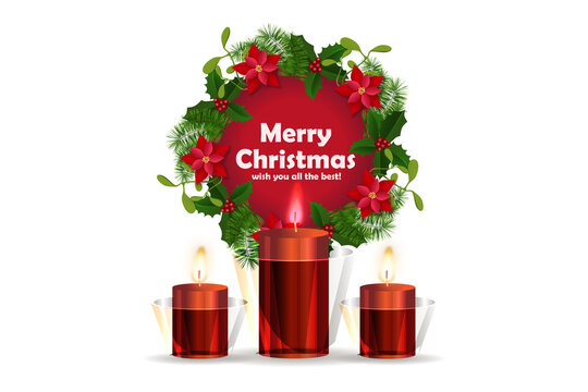 Festive merry christmas greeting card design featuring a vibrant red wreath with holly berries and a central text box with glowing candles and a dark background