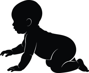 Crawling baby silhouette vector, black infant figure, early childhood posture, child development concept, minimal design, parenting illustration
