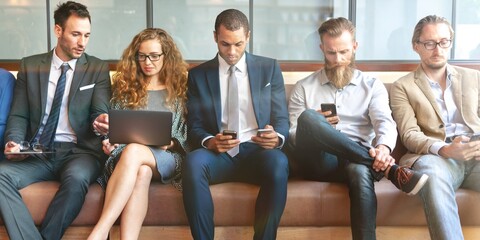 Group of business people sitting on a couch, using laptops and phones. Diverse team in business attire, focused on technology and communication. Business people using devices, sitting in a row.