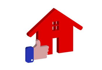 Simple 3D illustration of a house icon and a hand with a thumbs up