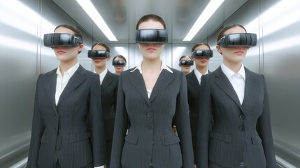 Group of business professionals wearing virtual reality goggles in a modern elevator during a tech demonstration