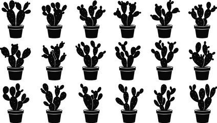 Cactus silhouette illustration, potted plant icons, desert flora art, minimal cactus design, black cactus vector, stylized succulent graphics