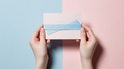 Mockup of a Greeting Card Held by a Ribbon Clip Against a Pastel Background Showcasing a Minimalist Design