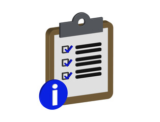Simple 3D illustration of a clipboard icon, a checklist inside, next to an information icon