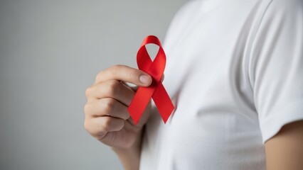 Person holding a red awareness ribbon pinned to a white tshirt, symbolizing support and solidarity for hivaids awareness and prevention, closeup on the hand and ribbon against a plain background