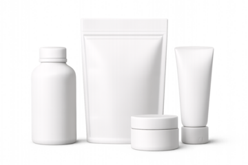 Blank white cosmetic packaging mockup set isolated. 3D realistic beauty product containers including plastic bottle, stand up pouch, cream jar, and soft tube for branding design templates.