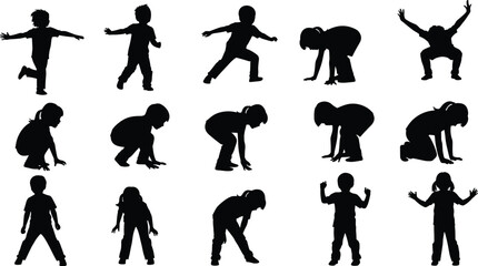 Children silhouette, playful kids, dynamic poses, active children, childhood movement, expressive posture, fun activity, black outline, energetic youth, motion freeze