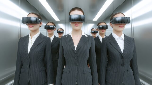 Group of business professionals wearing virtual reality goggles in a modern elevator during a tech demonstration