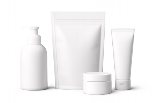 Blank white cosmetic packaging mockup set. 3D realistic pump bottle, stand up pouch, cream jar, and soft tube isolated for beauty product branding templates.