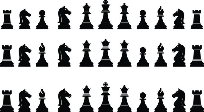 Chess pieces, black silhouette, strategy game, symmetrical layout, board setup, knight, rook, bishop, pawn, king, queen, abstract design