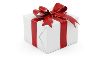 Obraz premium A white gift box wrapped with a bright red ribbon and a large bow, isolated on white background