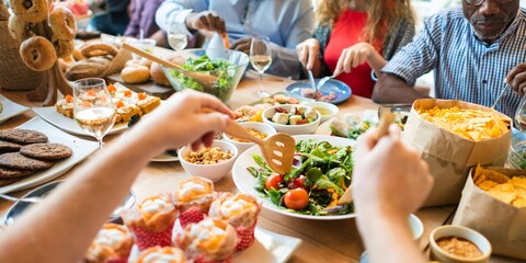 Diverse group enjoying a meal. People sharing food, salads, and snacks. Gathering around a table, sharing, and enjoying a meal together. Diverse men and women enjoy meal and sharing food together